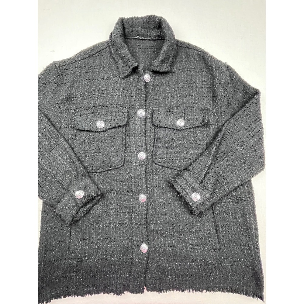 Line & Dot Charcoal Grey Tweed Shacket Button Down Crest Buttons